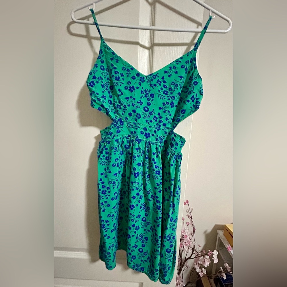 Abercrombie & Fitch Green Dress with Blue Floral Design and Triangle Side Cutout